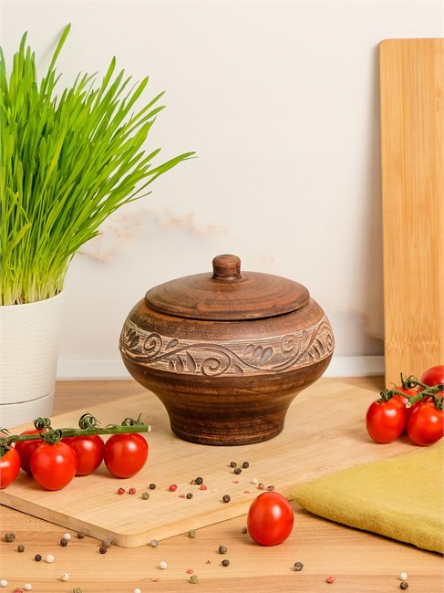 69-332 Чугунок/Горшок для жаркого №1 (Орнамент) 0,6 л. ; высота - 13см, ширина - 14см, длина - 14см 69-332